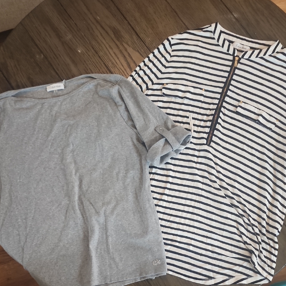 Calvin Klein Womens Gray and Striped 3/4 Sleeve Tops